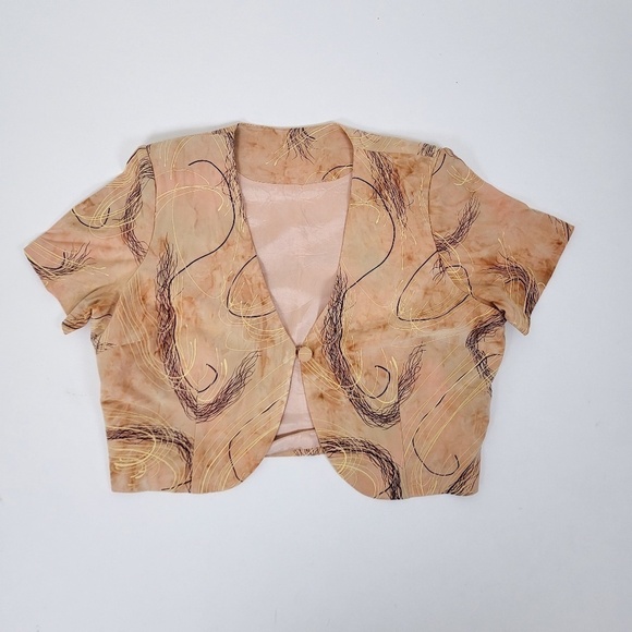 Tan Cropped Cardigan Shoulder Pads Single Button Closure Bolero Shawl Crop - Picture 3 of 10